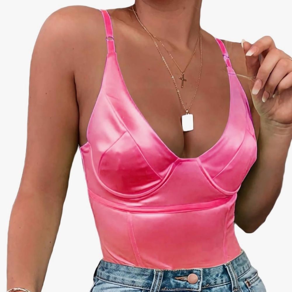 Velius Women's Sexy Deep V Neck Shiny Thong Bodysuit Tank Tops with Underwire